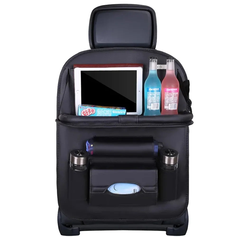 Car Seat Back Organizer with Foldable Table Tray PU Leather Storage Organizer with Pockets Kick Mats Seat Interior Accessories