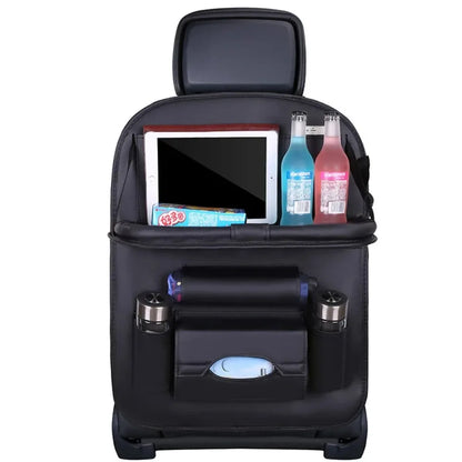 Car Seat Back Organizer with Foldable Table Tray PU Leather Storage Organizer with Pockets Kick Mats Seat Interior Accessories