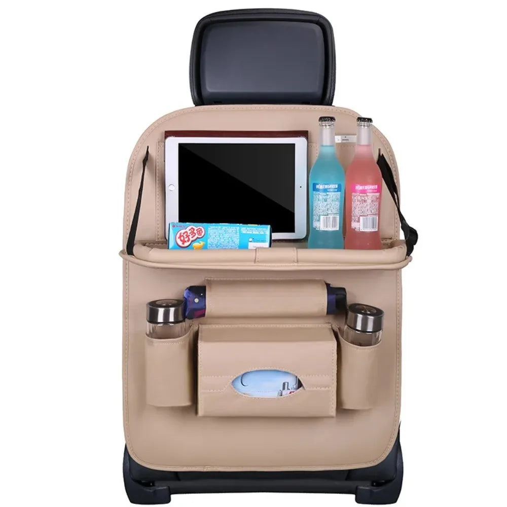 Car Seat Back Organizer with Foldable Table Tray PU Leather Storage Organizer with Pockets Kick Mats Seat Interior Accessories
