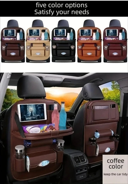 Car Seat Back Organizer with Foldable Table Tray PU Leather Storage Organizer with Pockets Kick Mats Seat Interior Accessories