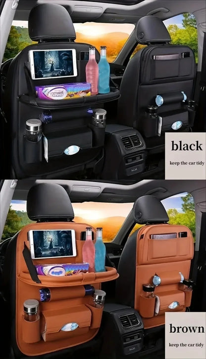 Car Seat Back Organizer with Foldable Table Tray PU Leather Storage Organizer with Pockets Kick Mats Seat Interior Accessories