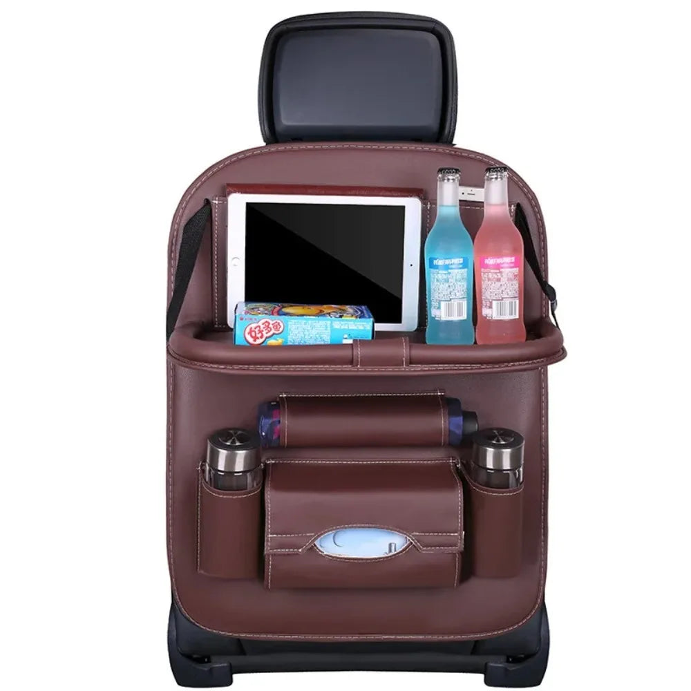 Car Seat Back Organizer with Foldable Table Tray PU Leather Storage Organizer with Pockets Kick Mats Seat Interior Accessories