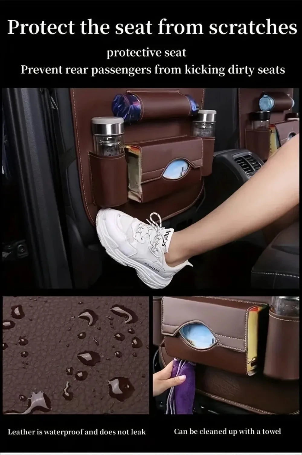 Car Seat Back Organizer with Foldable Table Tray PU Leather Storage Organizer with Pockets Kick Mats Seat Interior Accessories