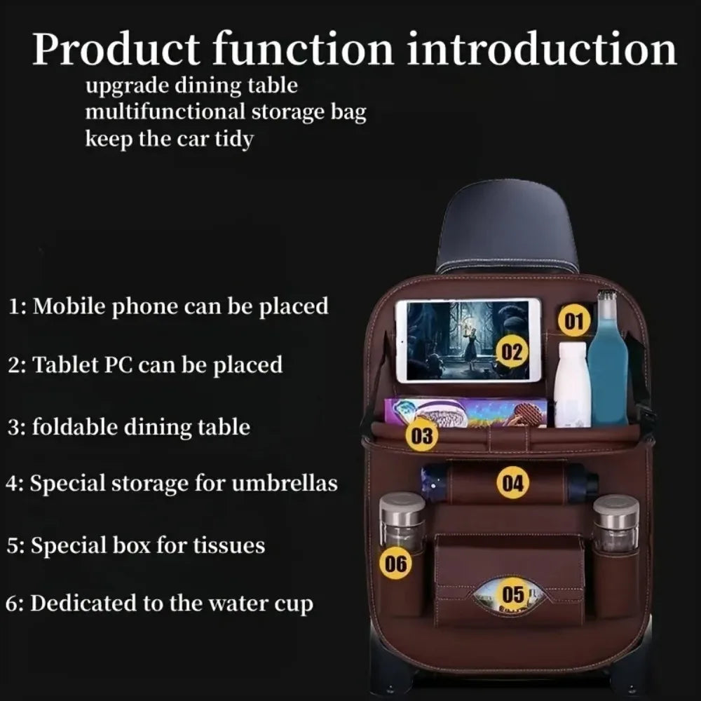 Car Seat Back Organizer with Foldable Table Tray PU Leather Storage Organizer with Pockets Kick Mats Seat Interior Accessories