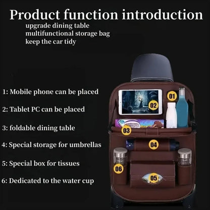 Car Seat Back Organizer with Foldable Table Tray PU Leather Storage Organizer with Pockets Kick Mats Seat Interior Accessories