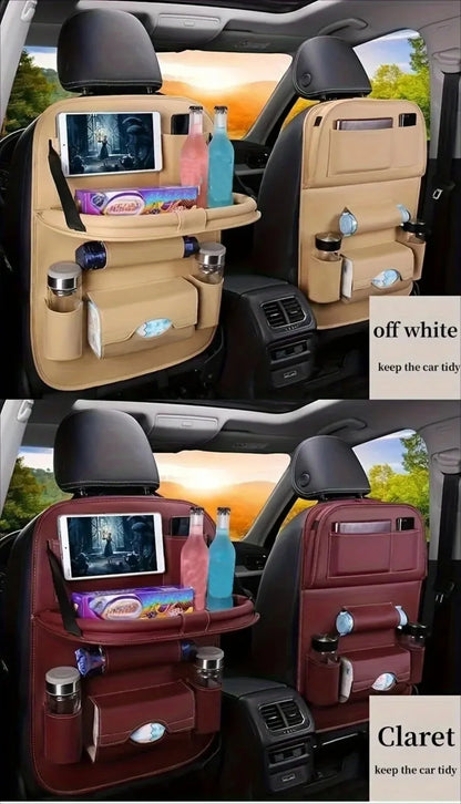 Car Seat Back Organizer with Foldable Table Tray PU Leather Storage Organizer with Pockets Kick Mats Seat Interior Accessories
