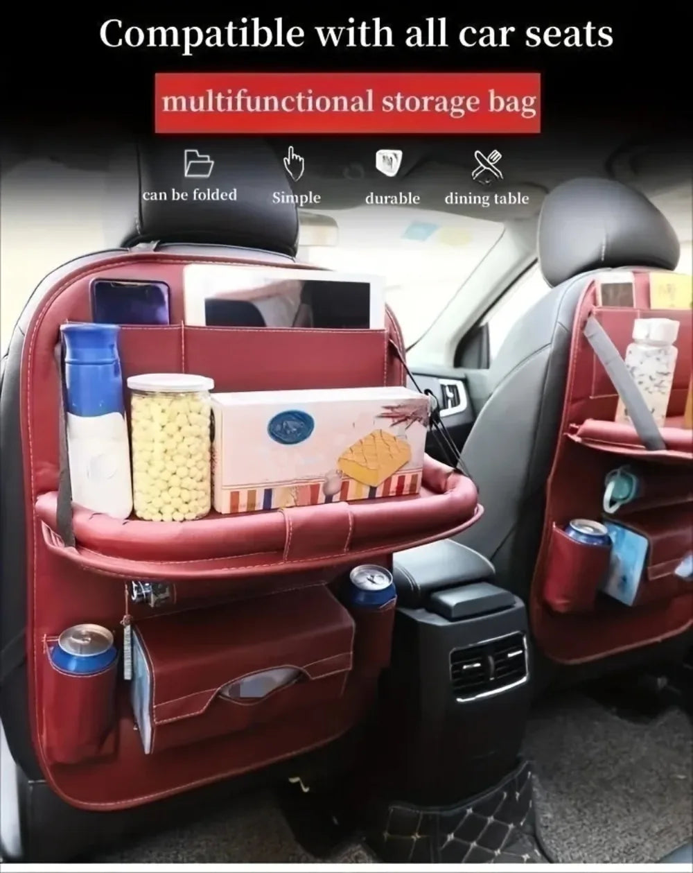 Car Seat Back Organizer with Foldable Table Tray PU Leather Storage Organizer with Pockets Kick Mats Seat Interior Accessories
