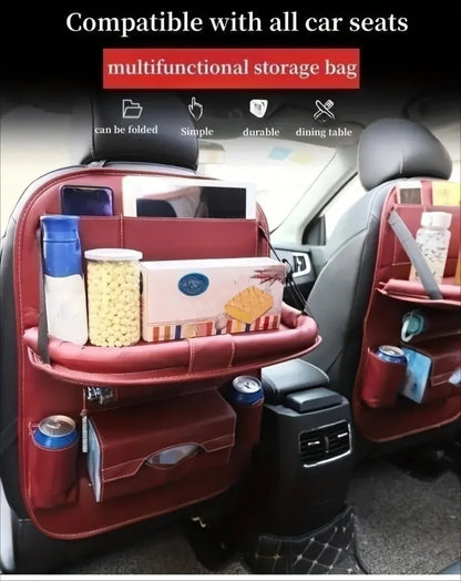 Car Seat Back Organizer with Foldable Table Tray PU Leather Storage Organizer with Pockets Kick Mats Seat Interior Accessories